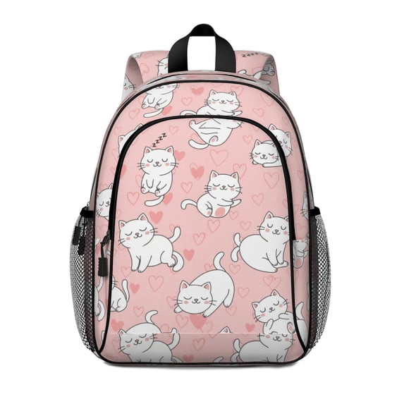 White Cat and Heart Pink Pattern Backpack for School, Cute School Bag with Adjustable Shoulder Straps and Padded Back, 15"x11.42"x5.5"