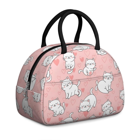 White Cat and Heart Pink Pattern Insulated Lunch Bag,Leakproof Large Capacity Lunch Box for Work,Picnic or Travel,11.4 X 6.7 X 8.3 Inches