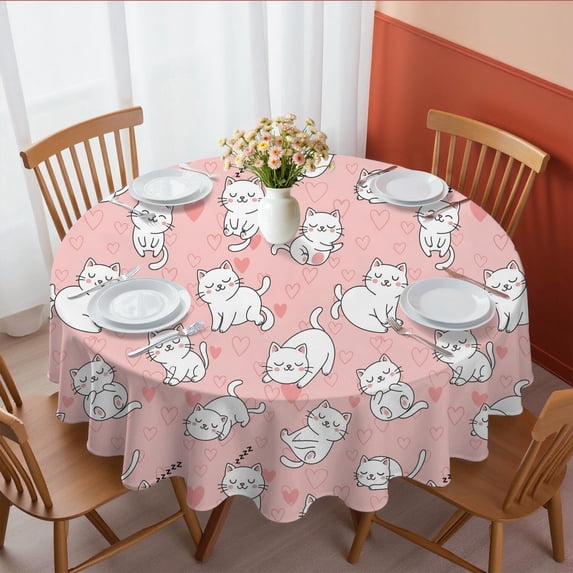 White Cat and Heart Pink Pattern Round Tablecloth 60"x60", Wrinkle Resistant Wipeable Table Cover for Kitchen Dining Room Picnic Patio and Party