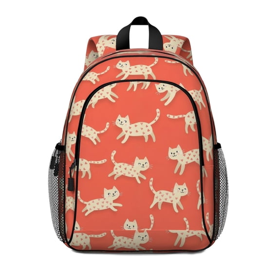 White Cat and Heart Red Pattern Backpack for School, Cute School Bag with Adjustable Shoulder Straps and Padded Back, 15"x11.42"x5.5"