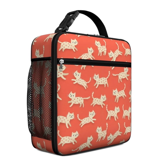 White Cat and Heart Red Pattern Insulated Lunch Bag Teens,Lunch Box for Men Women for Work,Picnic or Travel,10.2x9.5x4.3 Inches,8 Can Capacity
