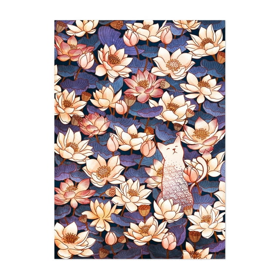 White Cat and Lotus - Illustration Floral Pattern Cat Watercolor Whimsical Flowers Unframed Wall Art Print 30 x 40 inches