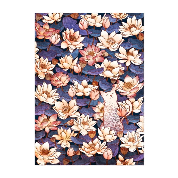 White Cat and Lotus - Illustration Floral Pattern Cat Watercolor Whimsical Flowers Unframed Wall Art Print 4 x 6 inches