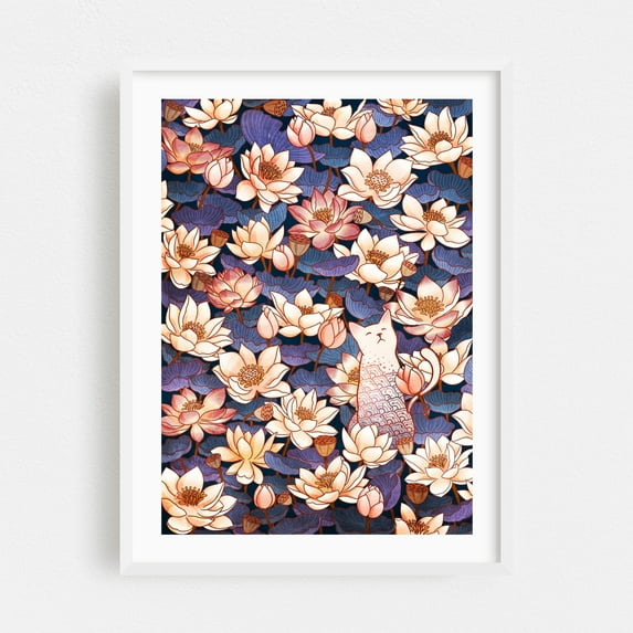White Cat and Lotus - Illustration Floral Pattern Cat Watercolor Whimsical Flowers White Framed Wall Art Print 16 x 24 inches