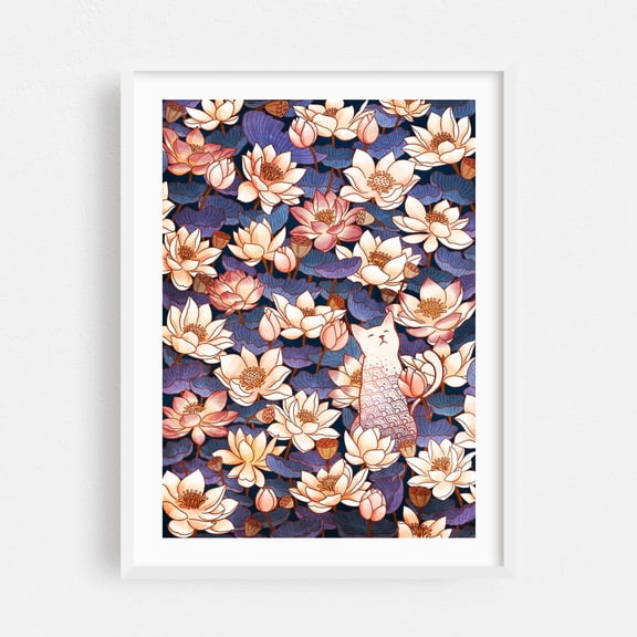 White Cat and Lotus - Illustration Floral Pattern Cat Watercolor Whimsical Flowers White Framed Wall Art Print 5 x 7 inches
