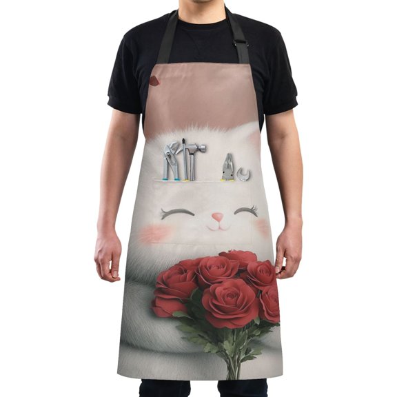 White Cat and Rose Chef Kitchen Apron with Pockets for Women Waterproof Aprons for Cooking Baking