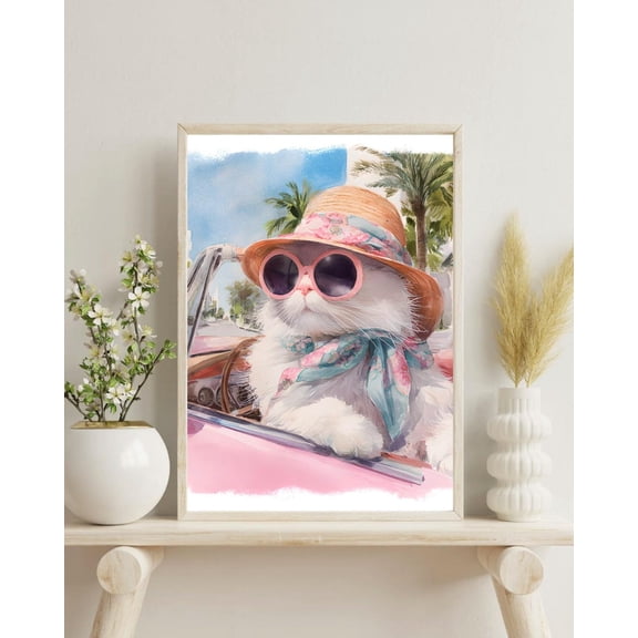 White Cat in Pink Cadillac Art Print Miami Fashion Poster Decor, Unframed Poster Size 12x18 F03.1.22l371