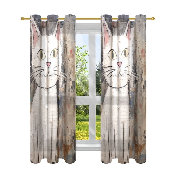 White Cat in Wall Blackout Curtains Patio Door Curtains Window Decoration for Bedroom Living Room 2 Panels
