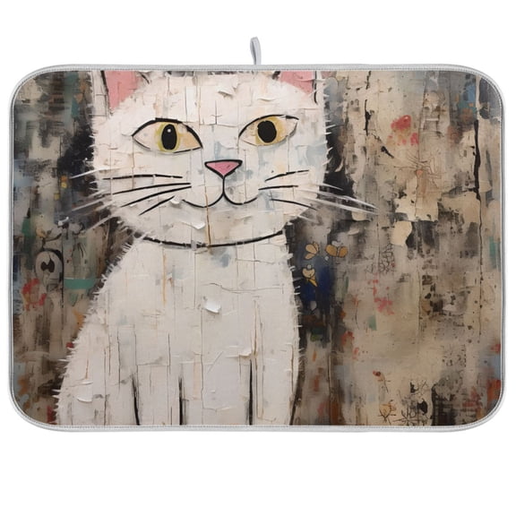 White Cat in Wall Dish Drying Mat Dish Drainer Rack Mats Water Absorbent Non-Slip Easy Clean Heat Resistant for Kitchen Counter