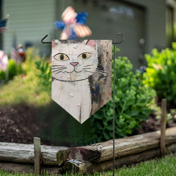 White Cat in Wall Garden Flag 18" x 12.5" Double Sided Yard Lawn Outdoor Decor Small Yard Flags