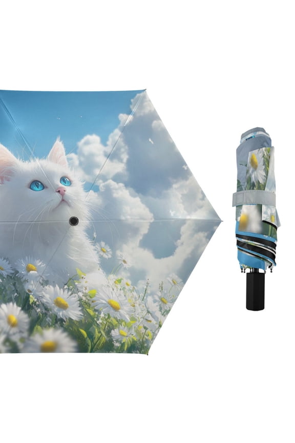 White Cat on Daisies Field Clouds All Weather Umbrella Triple Folding Parasol 6 Ribs UV Protection Portable