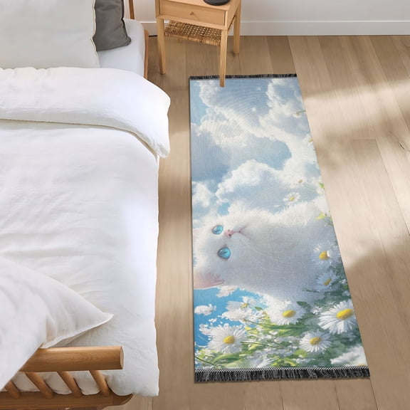 White Cat on Daisies Field Clouds Bedside Runner Rug 2'x 6' Non Slip Carpet Floor Mat Area Rug