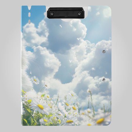 White Cat on Daisies Field Clouds Foldable Binder Folder Clipboard with Pen Slot Double Clips A4 Size File Storage