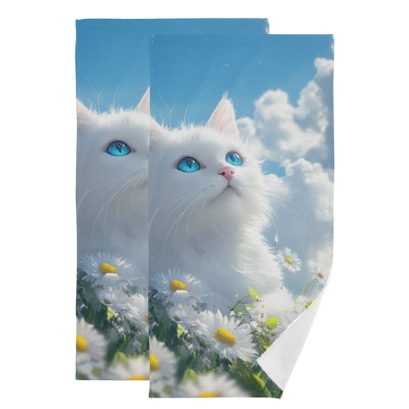 White Cat on Daisies Field Clouds Hand Towel Absorbent Bath Towels for Bathroom Sports Gym 28" x 14" Set of 2