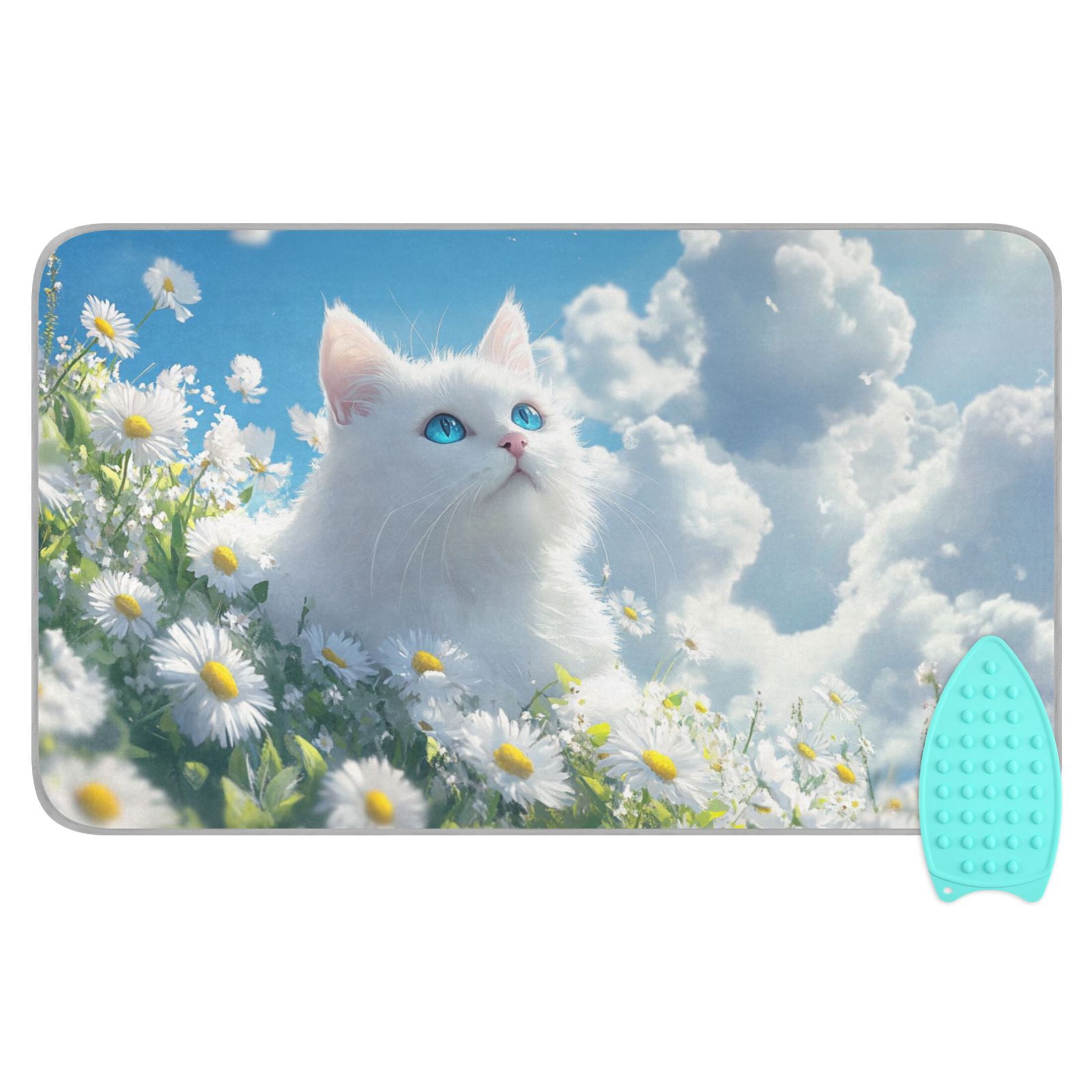 White Cat on Daisies Field Clouds Ironing Mat Blanket Portable Travel Ironing Pad Heat Resistant Pad 47.2" x 27.6”