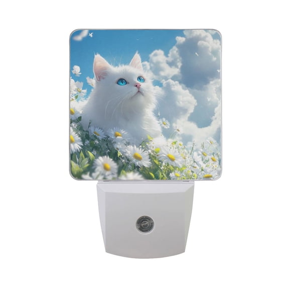 White Cat on Daisies Field Clouds LED Night Light with Smart Sensor Plug Into Wall Dusk to Dawn 2 packs