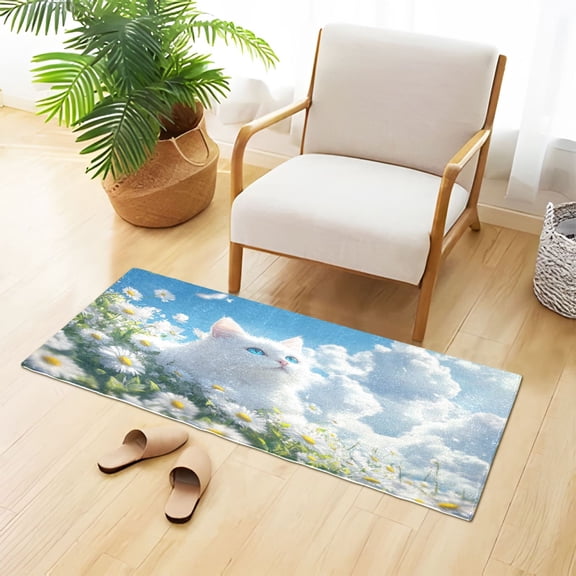 White Cat on Daisies Field Clouds Plush Carpet Non Slip Runner Rug Absorbent Bath Mat 39" x 20"