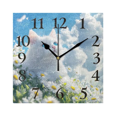 White Cat on Daisies Field Clouds Square Wall Clock Battery Operated Easily Read Black Pointer Home Decor for Living Room Bedroom 7.78" x 7.78"