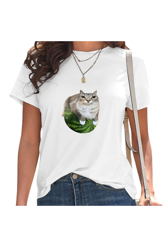 White Cat on Watermelon Print T-Shirt Women's Casual Loose Fit Short Sleeve Cute Pet & Fruit Aesthetic Graphic Tee Tops S-5XL