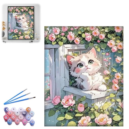 White Cat on Windowsill Paint by Numbers Kit – DIY Framed Canvas Oil Painting Set for Adults & Beginners, 16×20in