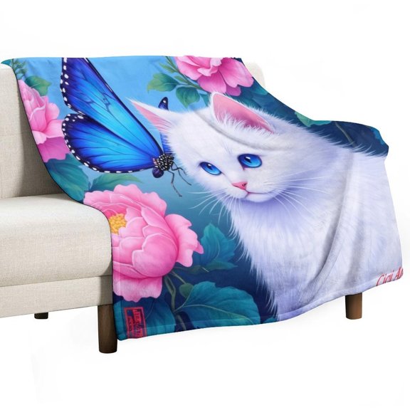 White Cat with Blue Butterfly And Pink Flowers Throw Blanket Warm Microfiber Flannel Bedroom Decor Blankets For Beds