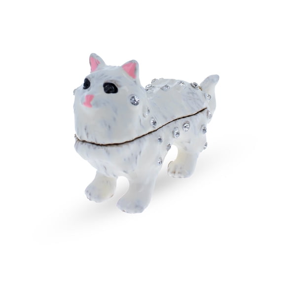 White Cat with Crystals Trinket Box Figurine