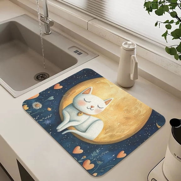 White Cat with Moon and Flowers Dish Drying Mat for Kitchen Counter Absorbent Drainer Mats (15.7X11.8Inch)