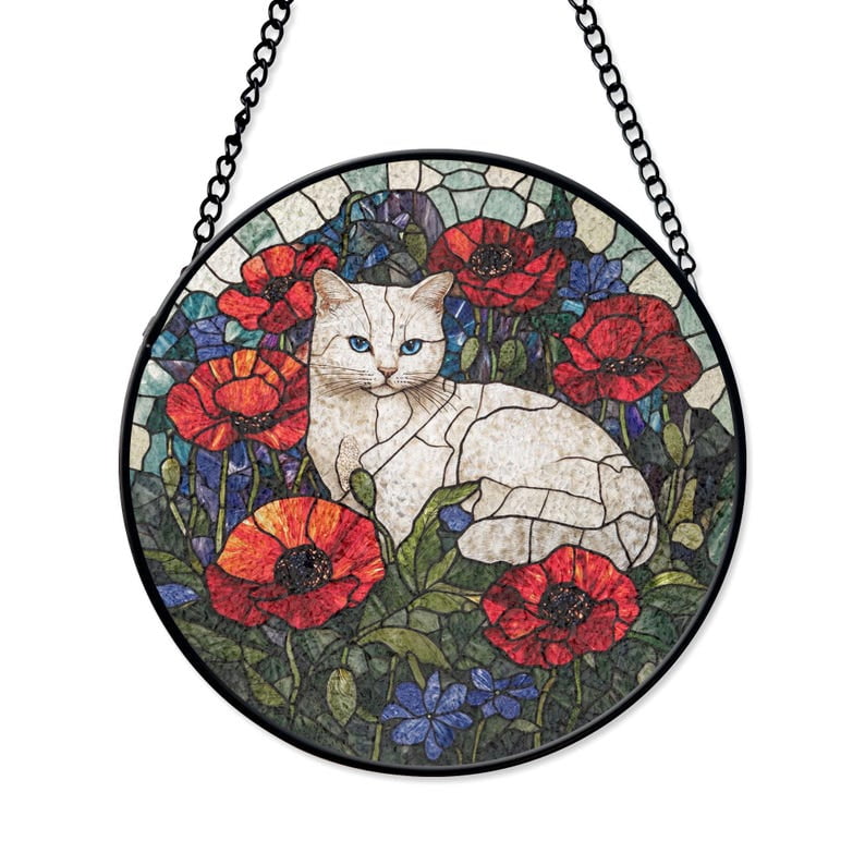 White Cat with Red Poppies Stained Glass Art - Elegant Floral Feline ...