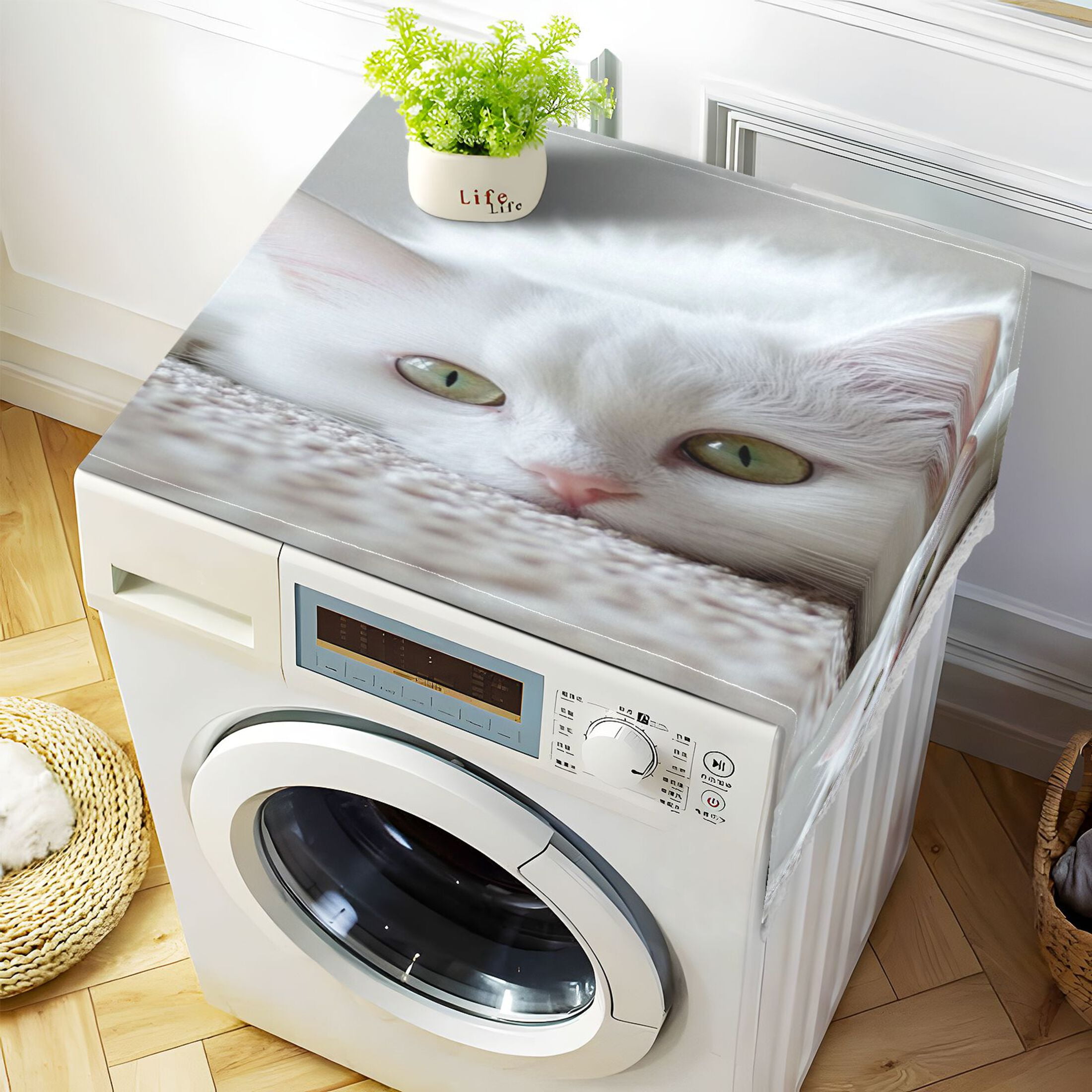 White CatWasher and Dryer Covers Dust-Proof and Oil Resistant Fridge Cover with 4 Storage Pockets Washing Machine Top Cover for Laundry Kitchen Home 51.2 x 22 In