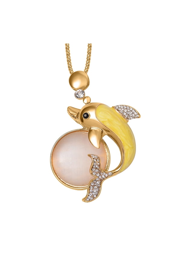 White Cates Eye Black Crystal Goldtone Dolphin Necklace for Women Jewelry Size 29-31" Ct 0.03 Birthday Christmas Gifts for Women