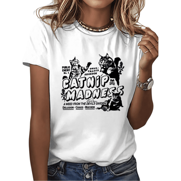 White Catnip Madness Vintage Punk Cat Graphic Tees Print Tshirt Shirts Funny Cat Lover Humor Tops S-5XL