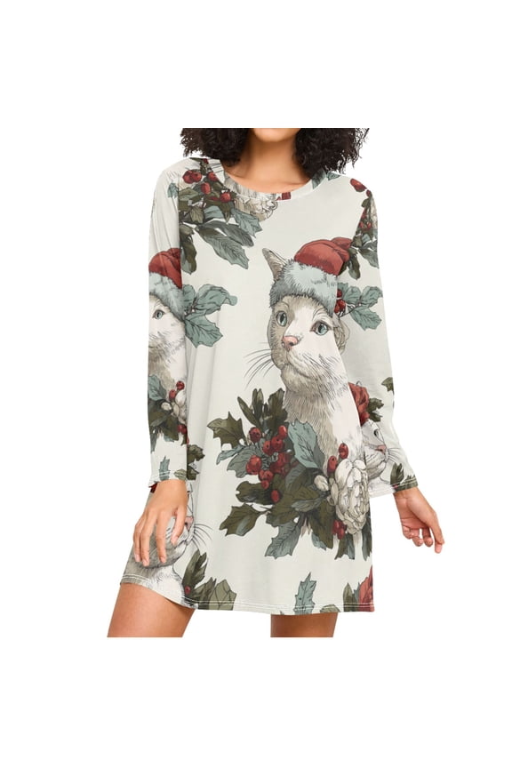 White Cats with Christmas Hat Roses Women's Long Sleeves Nightgowns Sleepwear Soft Pajama A-line Sleep Dress S