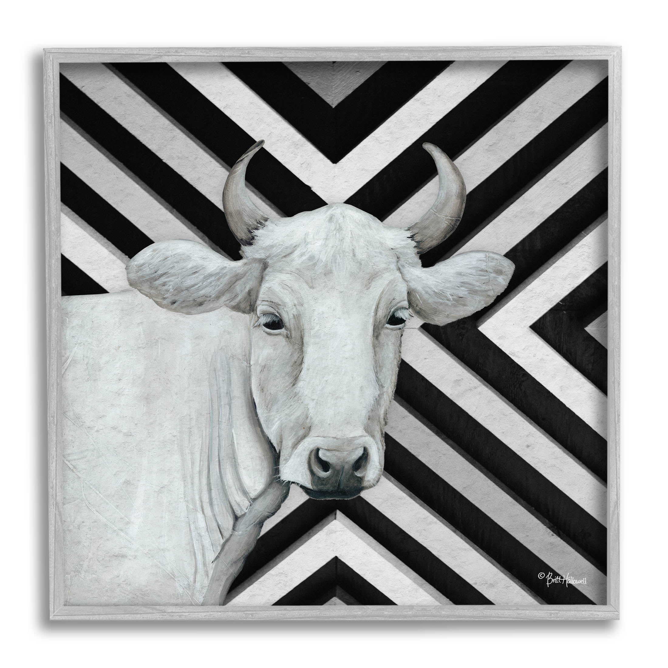 White Cattle Chevron Stripes Animals & Insects Graphic Art Gray Framed Art Print Wall Art