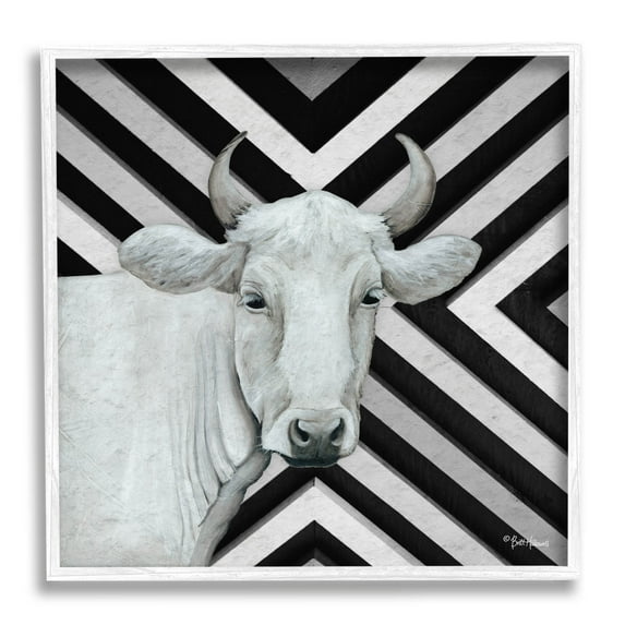 White Cattle Chevron Stripes Animals & Insects Graphic Art White Framed Art Print Wall Art