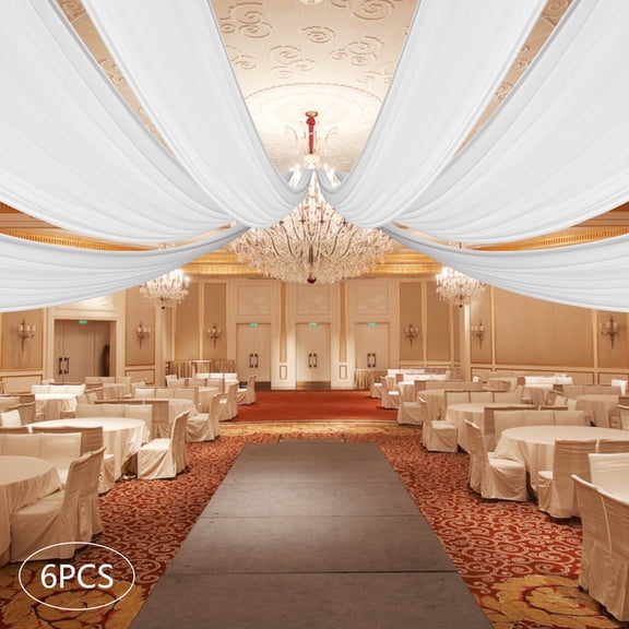 White Ceiling Drapes for Wedding, 6 Panels 5FT*30FT Wedding Arch Draping, Chiffon Fabric Backdrop Drapes, Wedding Ceiling Decorations