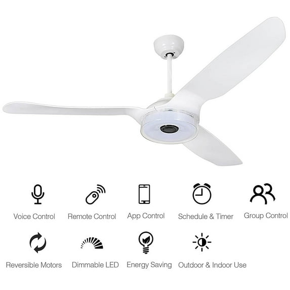 White Ceiling Fan with Remote Control & Dimmable LED Light, 52" 3 Blades
