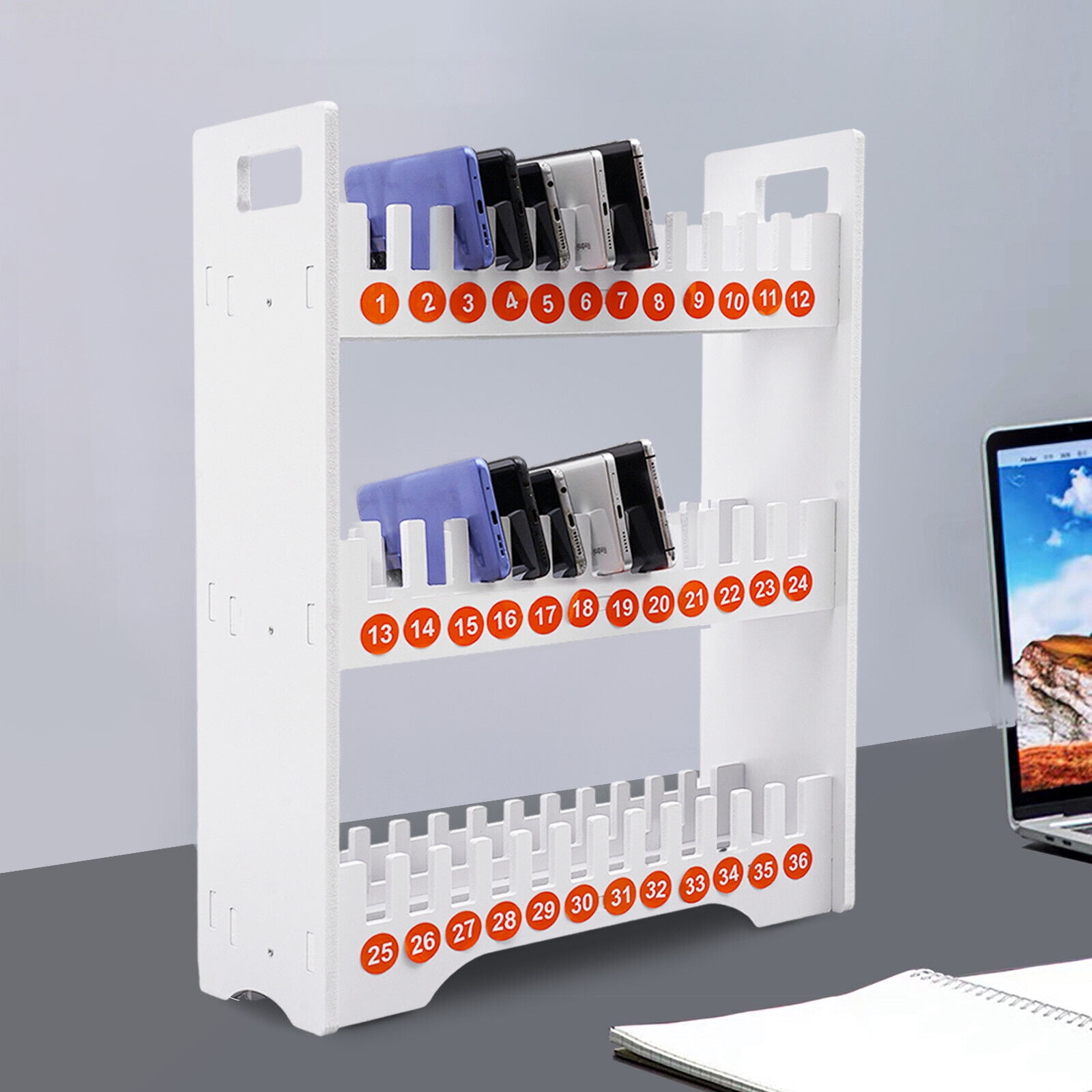 White Cell Phone Storage Organizer 3-Tier 36 Slots Multiple Cell Phone Stand Rack, PVC Mobile Phone Holder, (36 Slots)