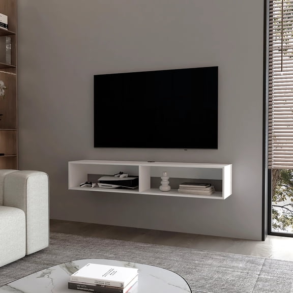 White Central 2-Shelf Floating Media Rack | Arrange Entertainment System, Fit Minimalist Spaces | Melamine Construction for Strength | Eliminate Floor Mess