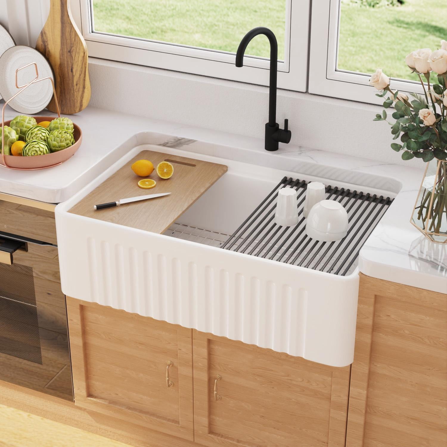 White Ceramic 33 in. Single Bowl Farmhouse Apron Workstation Kitchen Sink with Accessories