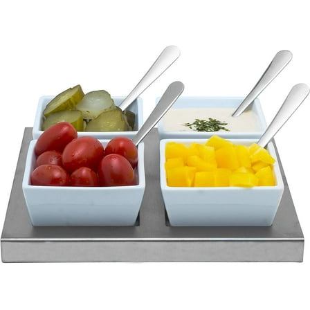 White Ceramic Appetizer Condiment Relish Serving Bowl Set of 4 With Spoons & Stainless Steel Tray (Modern Square)