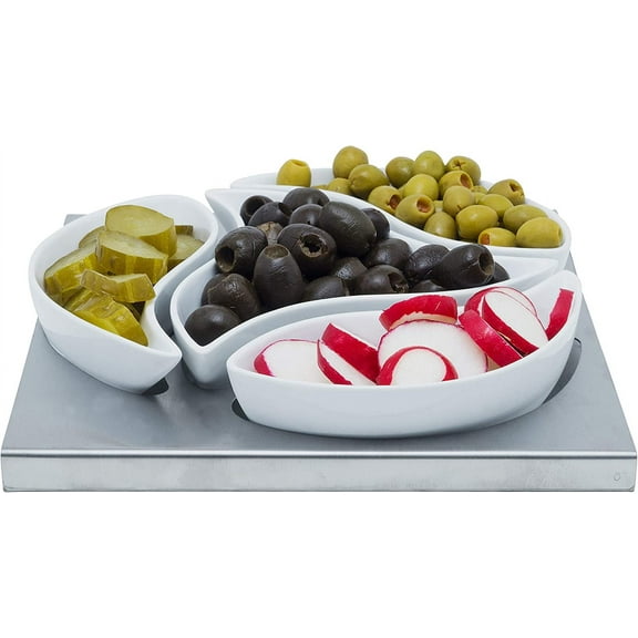 White Ceramic Appetizer Condiment Relish Serving Bowl Set of 4 With Stainless Steel Tray (Modern Curve)