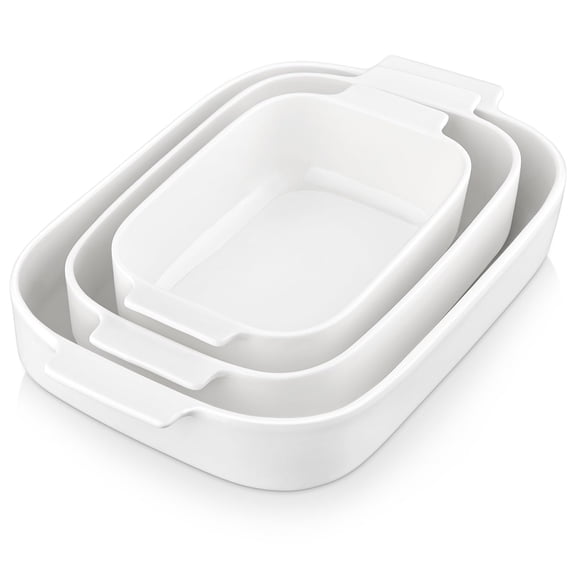 White Ceramic Baking Dish Set of 3 Rectangular Oven Safe Bakeware