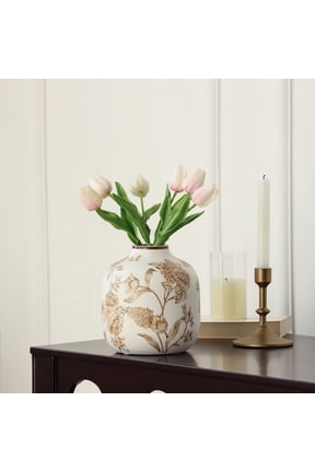 Sterling & Noble Home White Ceramic Brown Floral Painted Tabletop Vase