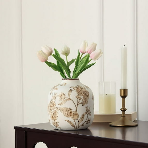 Home Decor Collection White Ceramic Brown Floral Painted Tabletop Vase