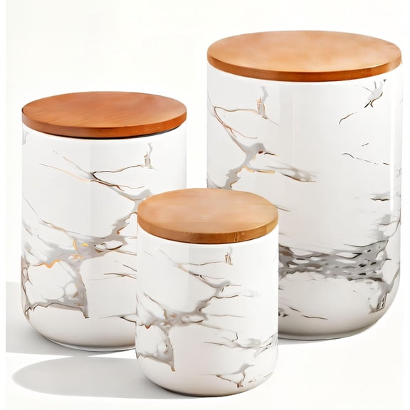 White Ceramic Canister Set with Bamboo Lid – 3-Piece Airtight Food Storage Jars for Kitchen Counter – Glossy Marble Design, Ideal for Flour, Sugar, Coffee, Tea, Spice – Small, Medium, Large