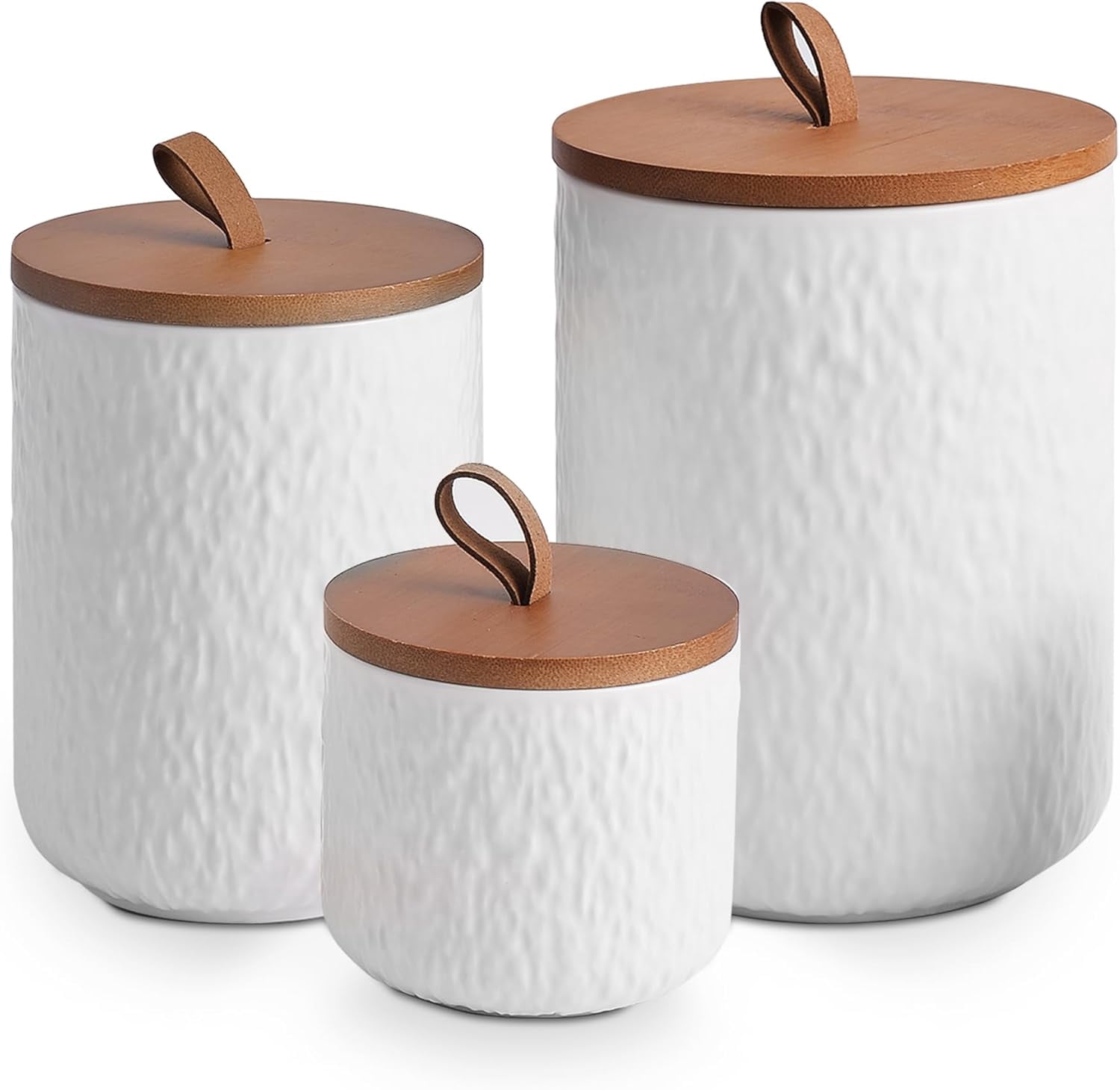 White Ceramic Canister Set with Wooden Lid, 3-Piece Airtight Food ...