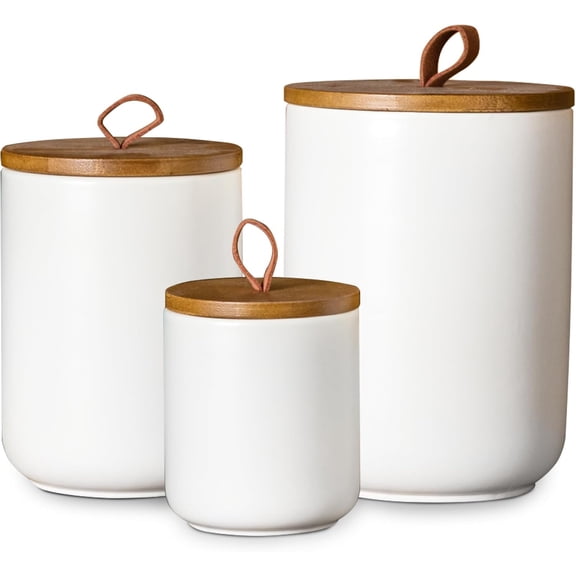 White Ceramic Canister Set with Wooden Lid, 3-Piece Airtight Food Storage Jars for Kitchen Counter - Flour, Sugar, Coffee, Tea, Spice - Small, Medium, Large Sizes