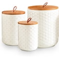 thumbnail image 1 of White Ceramic Canister Set with Wooden Lids – 3-Piece Airtight Food Storage Jars for Kitchen, Embossed Design, Small/Medium/Large Sizes (30/48/82 oz) – Flour, Sugar, Coffee, Tea Containers, 1 of 9