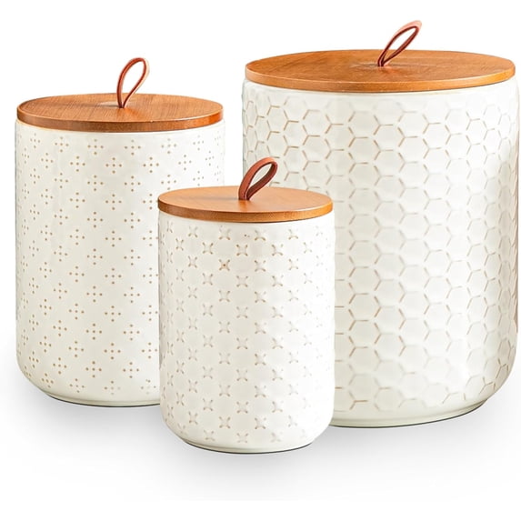 White Ceramic Canister Set with Wooden Lids – 3-Piece Airtight Food Storage Jars for Kitchen, Embossed Design, Small/Medium/Large Sizes (30/48/82 oz) – Flour, Sugar, Coffee, Tea Containers