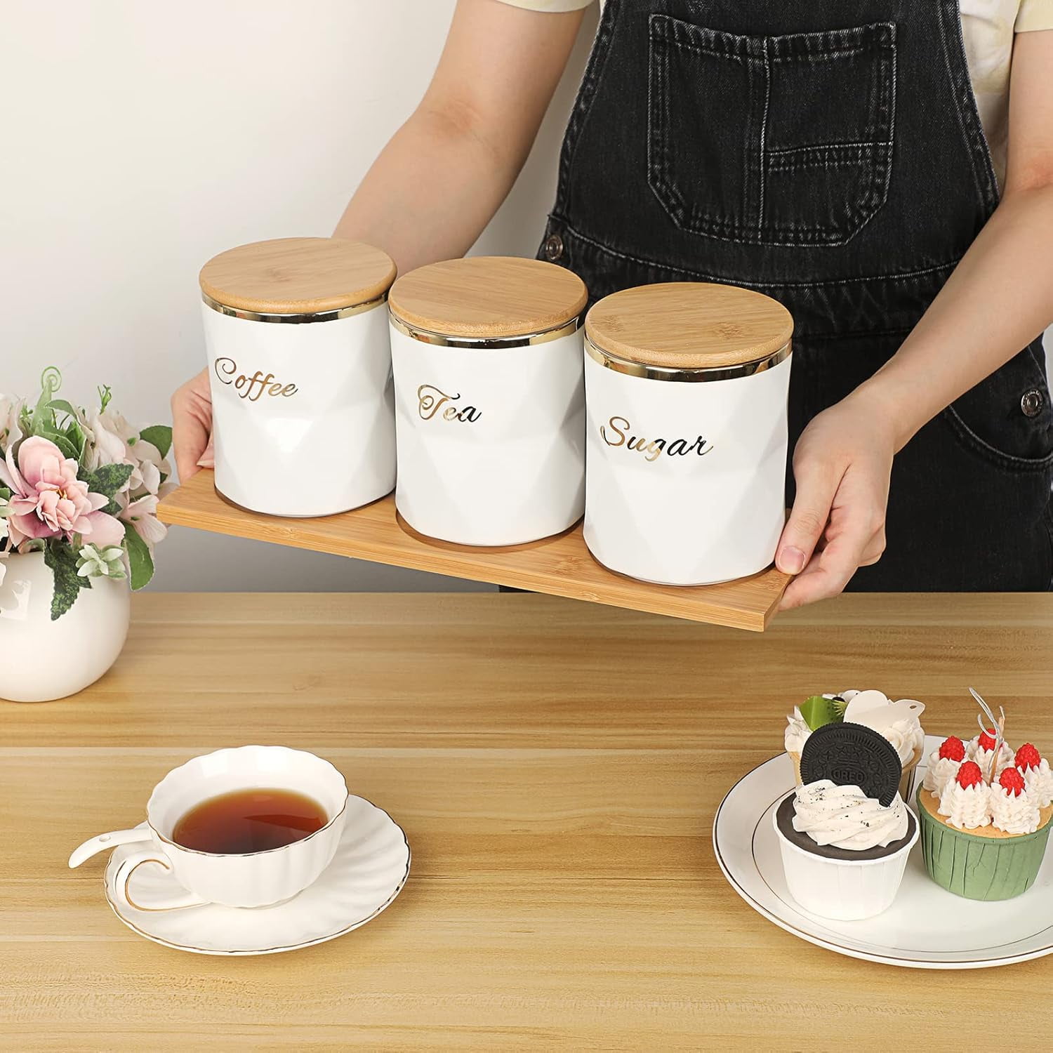 Ambrose Exquisite Tea, Sugar, Coffee Canisters with Tray in